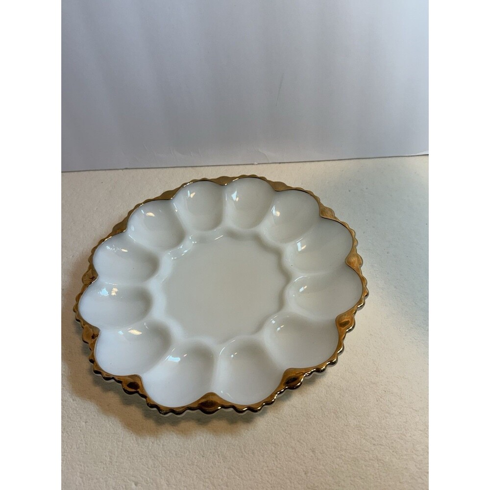 Vintage Anchor Hocking Milk Glass Deviled Egg Plate with Gold Trim Ornate Bottom